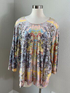 Soft Surroundings Womens Plus 3X Floral Pleated Front Tunic Top 3/4 Sleeve Shirt